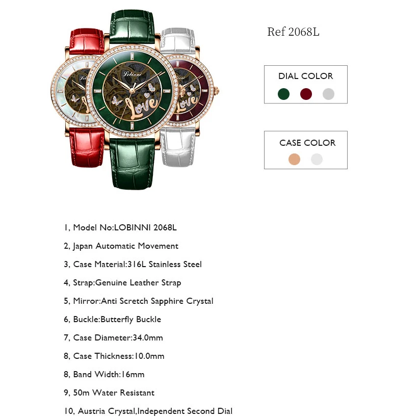 LOBINNI Orologi da donna Orologio automatico da donna di marca di lusso superiore Orologio da polso meccanico a carica automatica Quadrante scheletrato Quadrante con perla di zaffiro