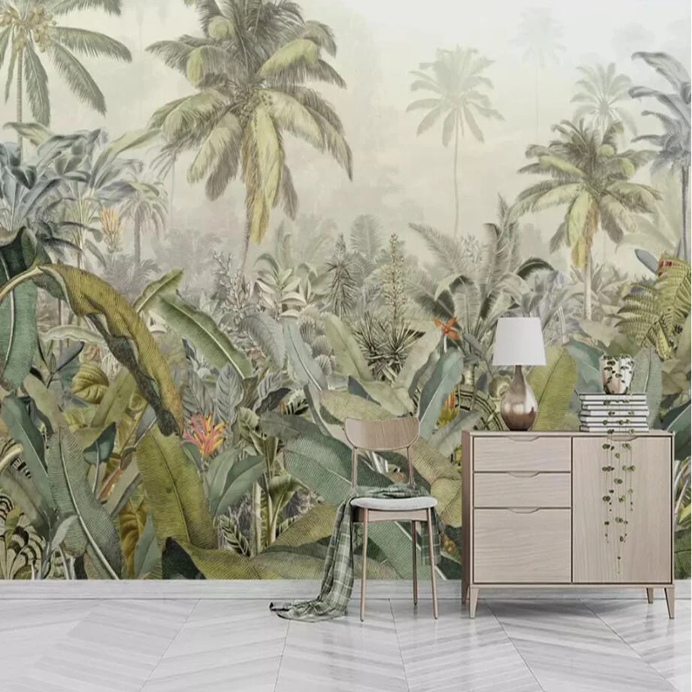 Milofi-papel tapiz de foto personalizado pintado a mano, planta de selva tropical, hoja de plátano, Fondo de TV, decoración de pared, mural