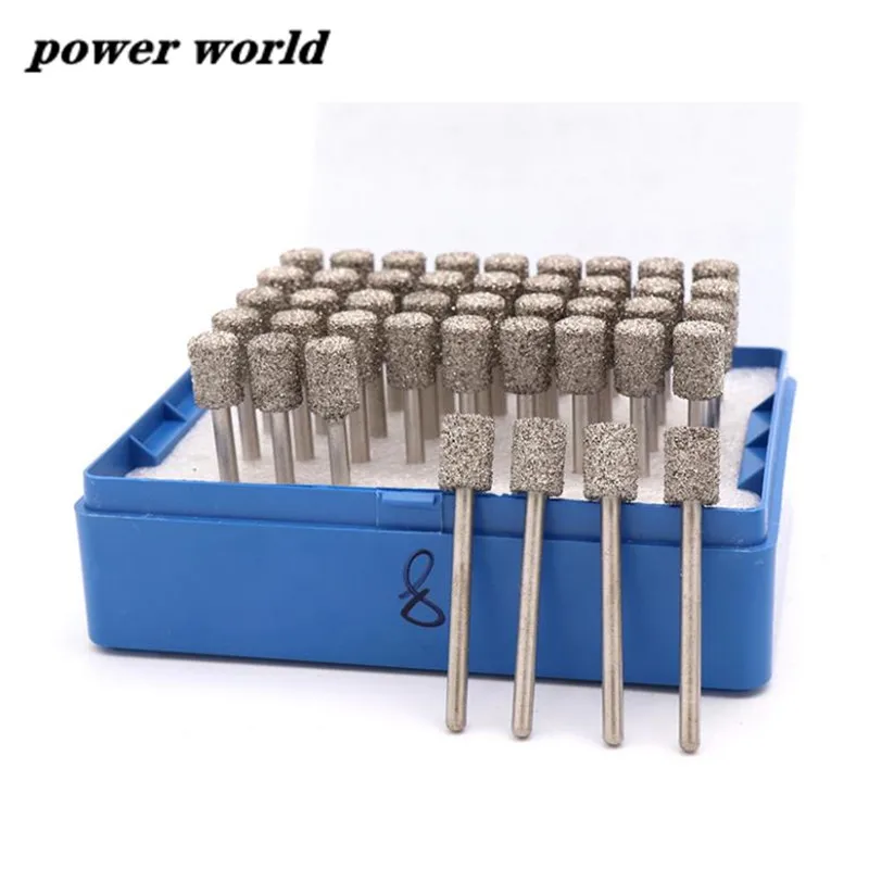 A Needle 3mm Shank Cylindrical Brazing Diamond Grinding Head Drill Bits for Stone Jade Metal Polishing Deburring Carving Set