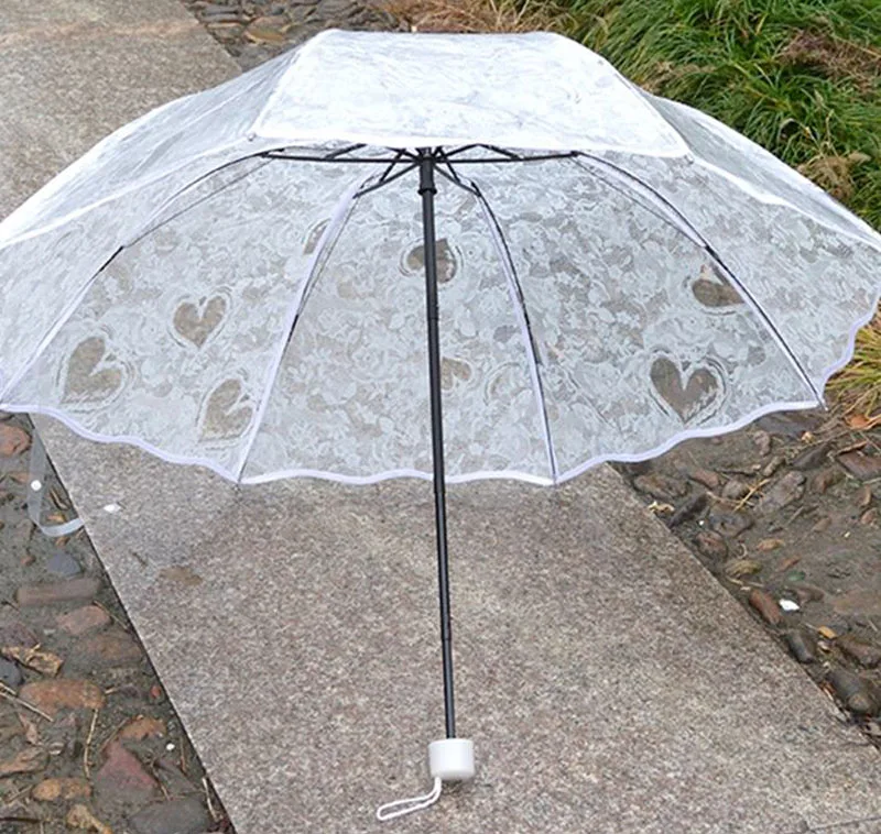 Transparent Princess Wedding Umbrella White Lace Heart Parasol Women Rain Outdoor Thicken PVC Clear Umbrellas For Lovers Girls