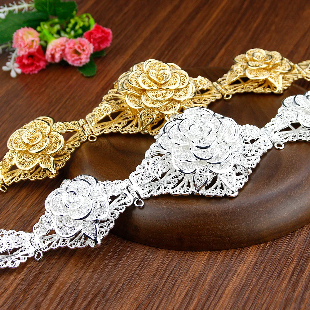 Sunspicems Chic Morocco Flower Belt For Women Rose Gold Silver Color Metal Chain Adjustable Length Arab Caftan Wedding Jewelry