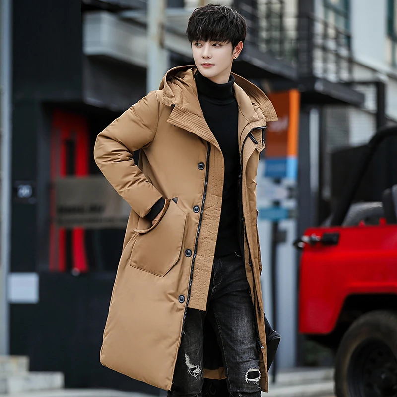 New Winter Men Long Down Jacket Fashion Solid Long Sleeve Thick Warm Cotton Outwear Casual Parkas Male Coat Plus Size M-3XL