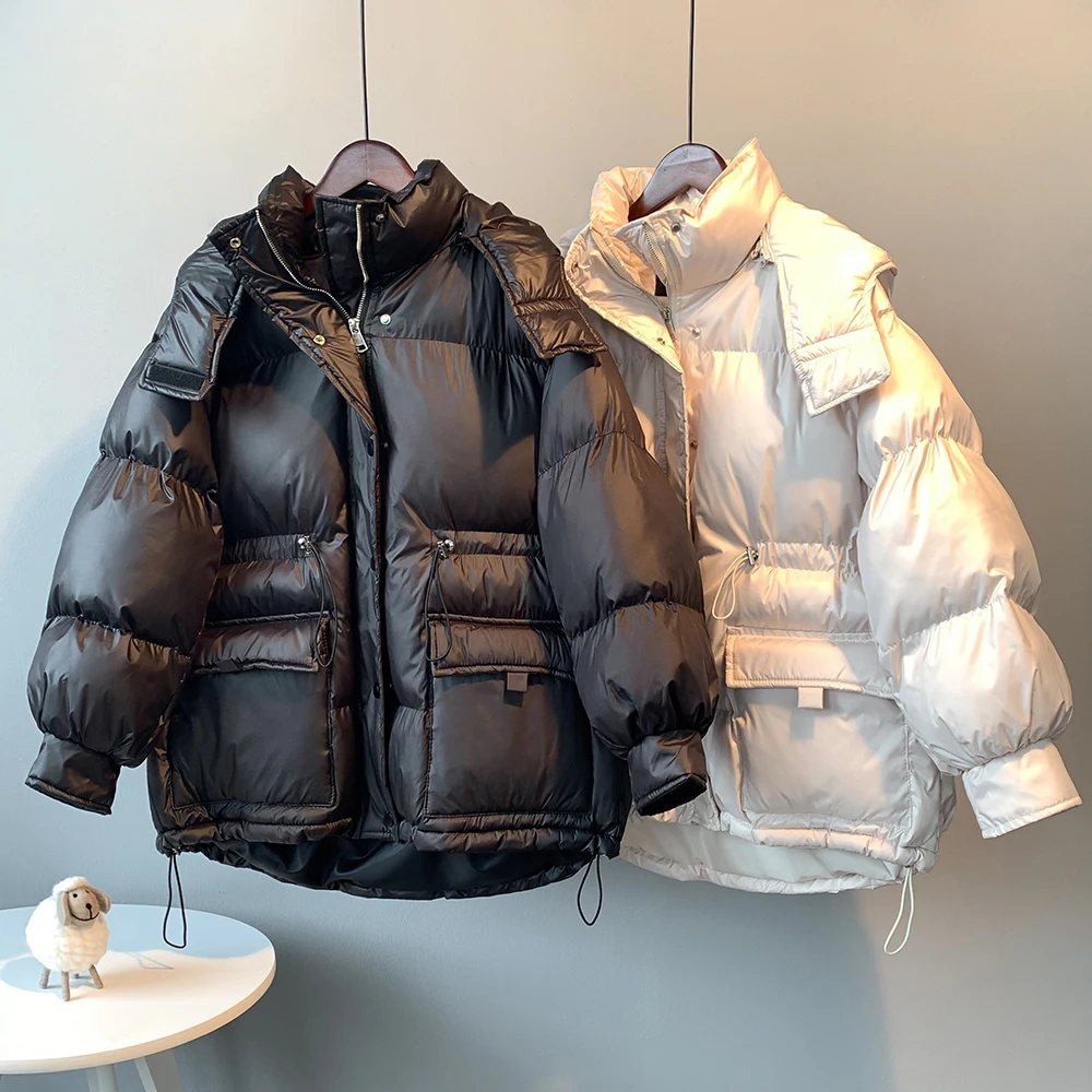 Veste d'hiver en duvet de coton pour femme, manteau chaud et ample, avec grandes poches et cordon de serrage, décontracté, à capuche, nouvelle collection 2021