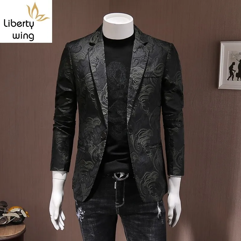 

New Fashion Slim Fit Business Man Embroidery Jacket Party Suit Coat One Button Lapel Collar Office Casual Blazer Big Size