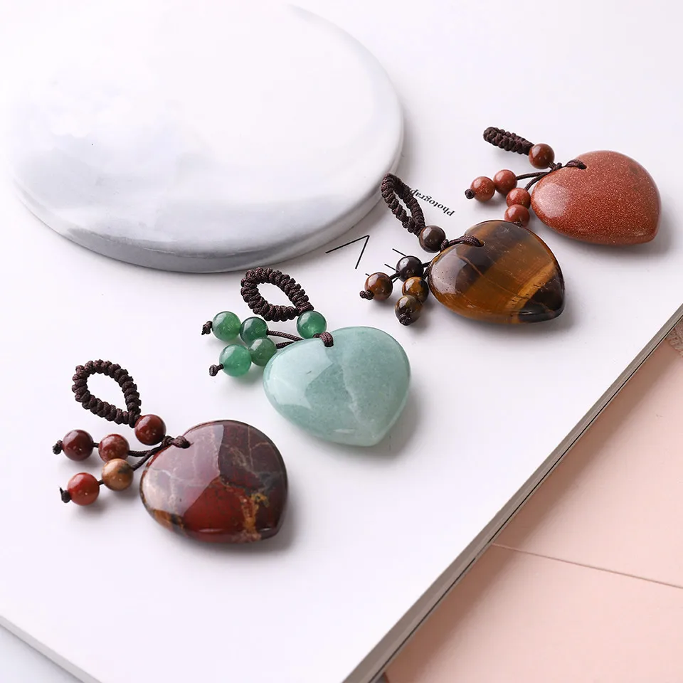 Natural Crystal Keychains Heart Stone Quartz Pendulum Healing Jewelry Keyring Tiger Eye Opal Pink Crystal Car Key Holder Decor