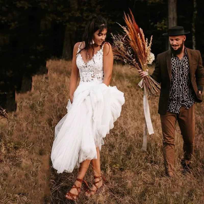 Vestido de Noiva Boho com Correia de Espaguete, Laço Appliqued, Vestidos de Noiva Sexy Sem Encosto, 2024