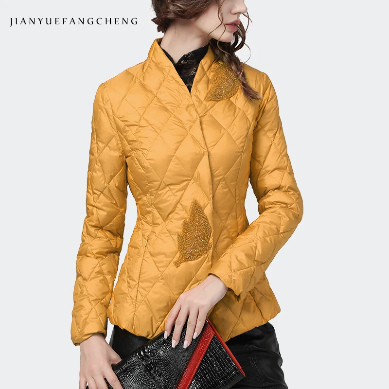 Fashion Women Winter Down Jacket Long Sleeve Embroidered Beading Yellow Puffer Coat Warm Winter Top Korean Casual Down Jackets