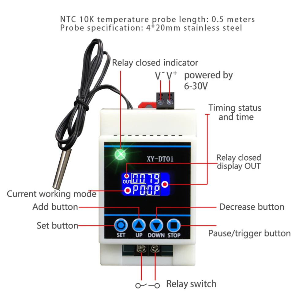 DT01 Digital Temperature Controller 30A Support 18B20 Sensor Module Relay Rail Digital Thermostat with 0.5M 10K probe