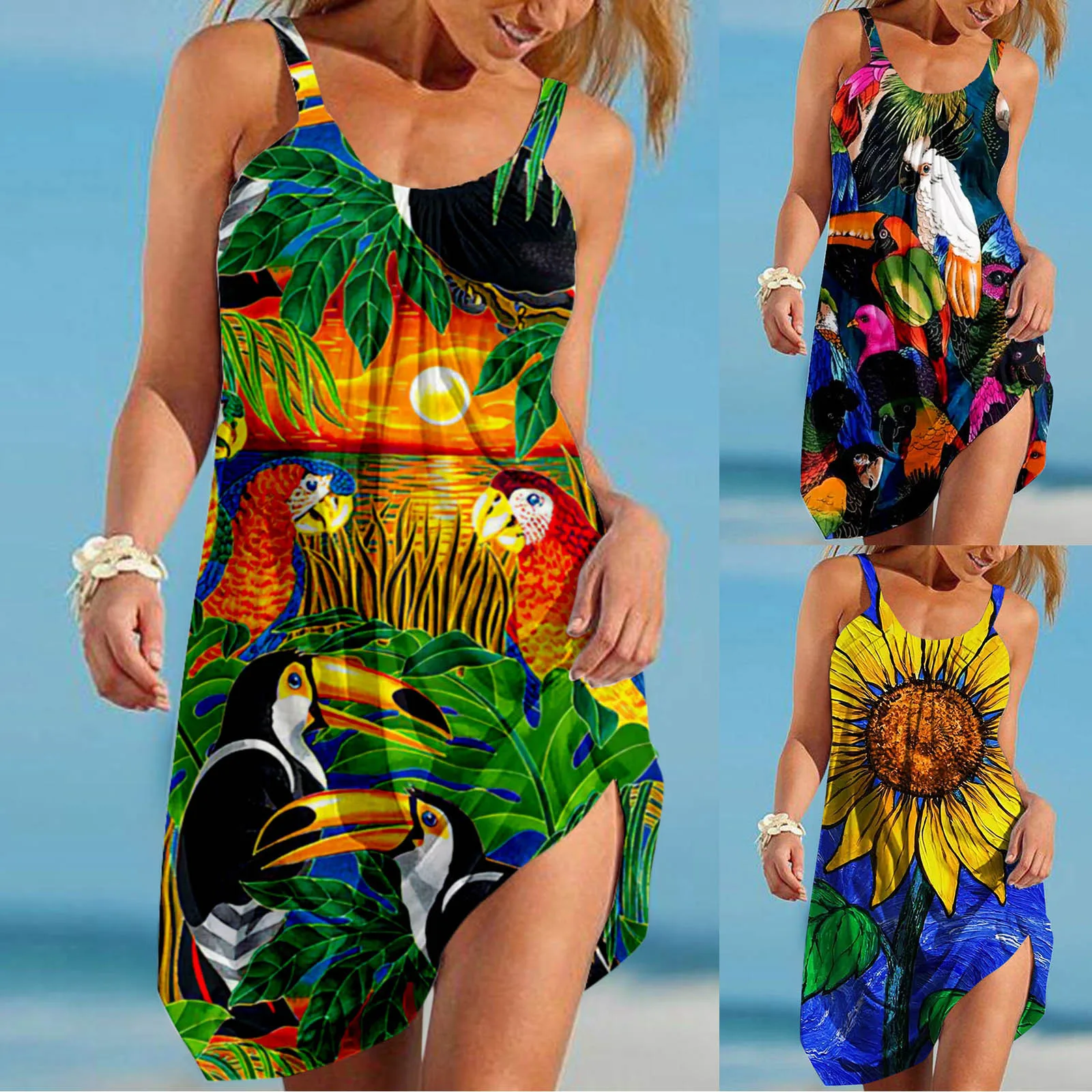 Sunflower Parrot Print Strap Mini Beach Dress Women Boho Summer Sexy Floral Dress Sleeveless Party Evening Dresses Hem Camisole