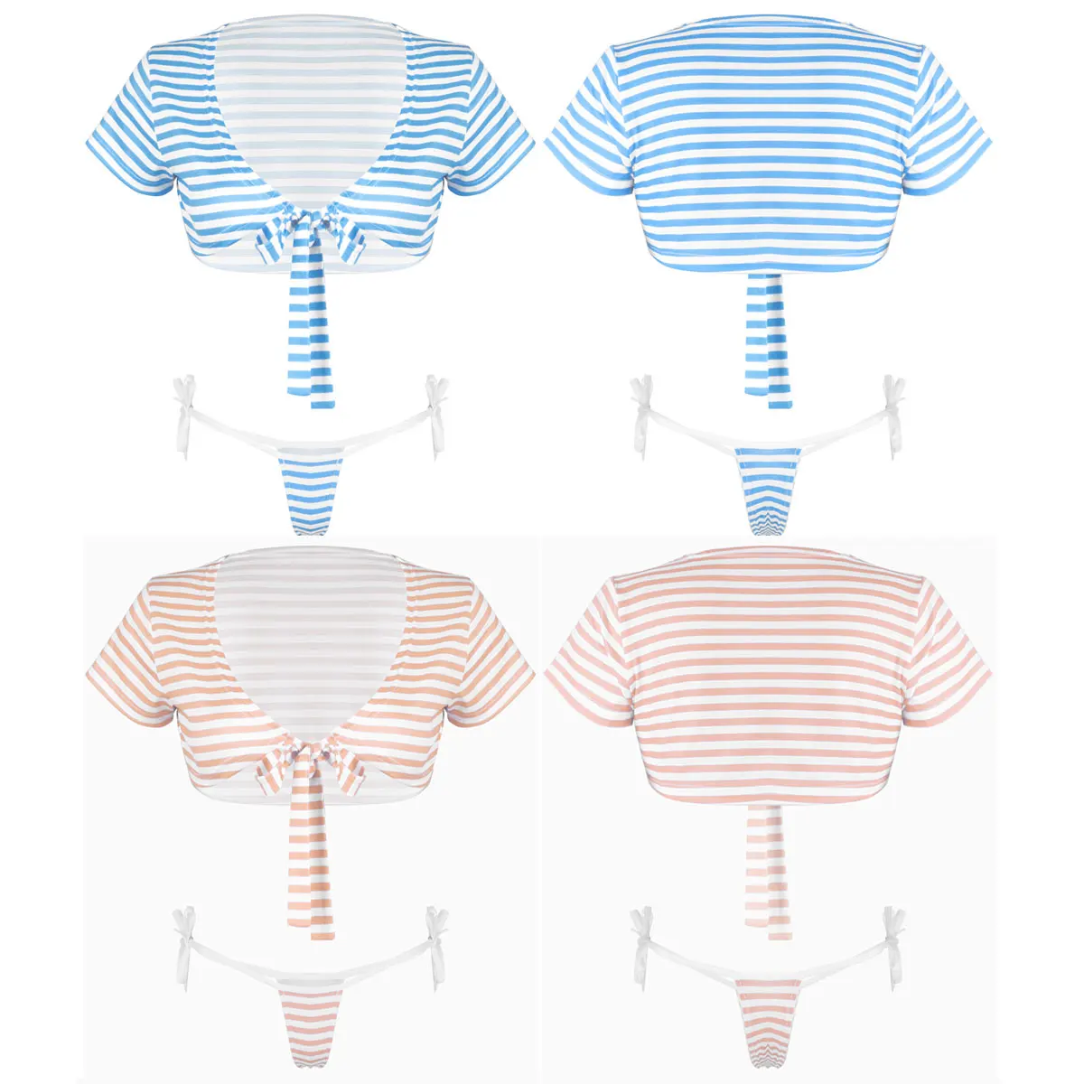 2 Piece Set Clothes Women Japanese Style Cute Stripe Lingerie Set Sexy Short Sleeves Crop Top With G-string Thongs Underwear Set