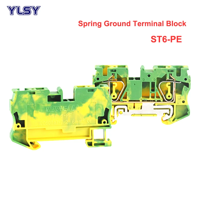 

10 шт., клеммные колодки для Din-рейки, ST6-PE, желтого и зеленого цветов, 6 мм2