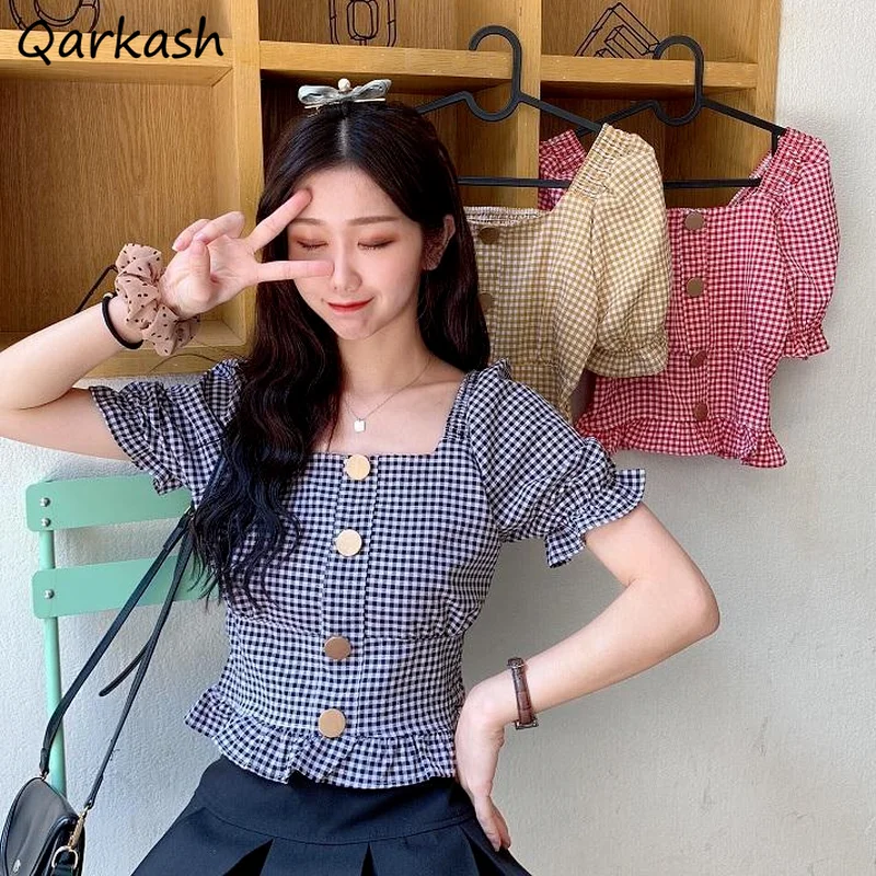 Shirts Women Sweet Square Collar Plaids Simple Abdomen Hipster Mujer Tops Summer Maiden Ruffles Clothing Korean Style Street Ins