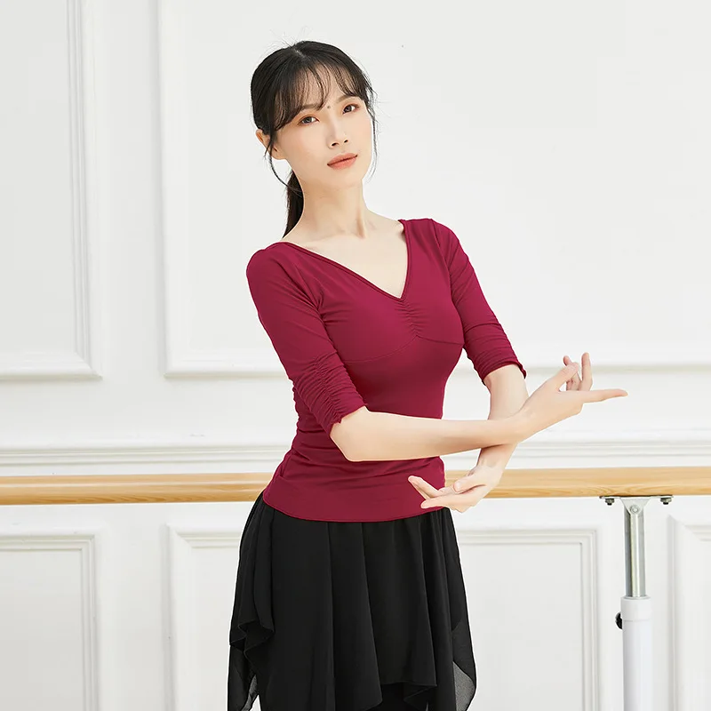 Adult Cotton Belly Ballet Dance V Neck Ruched Top T Shirt Short Sleeve Costume for Women Yoga Clothes Dancer Wear Clothing