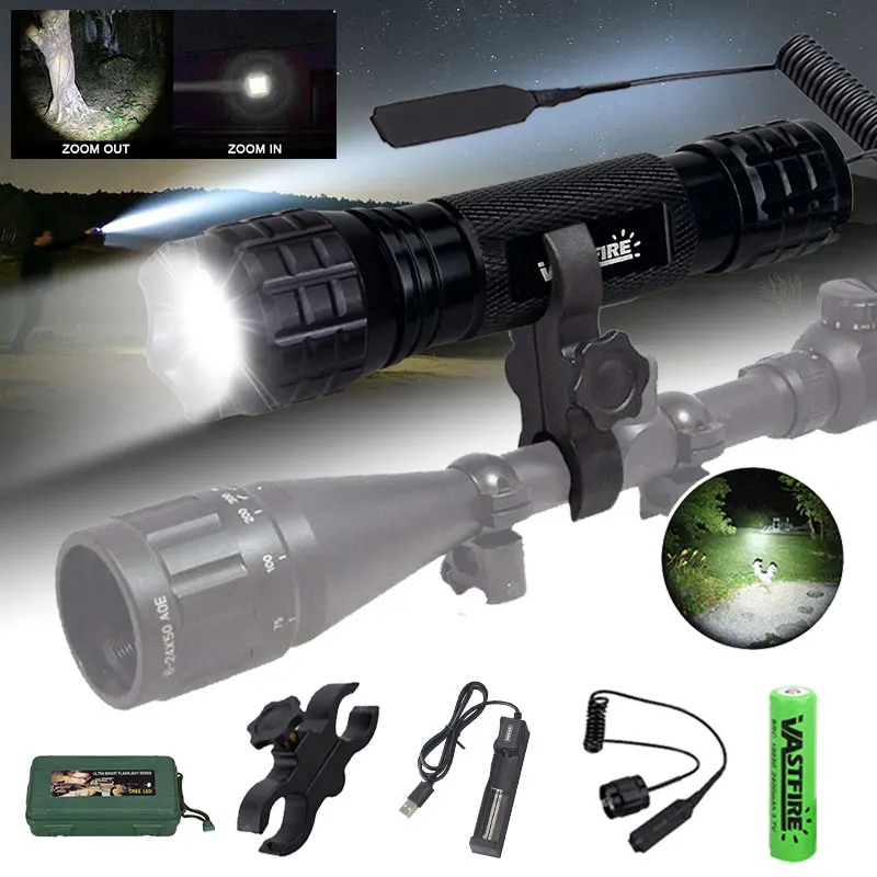 

500 Yard Zoomable LED Tactical Flashlight Torch Hunting Lamp rechargeable Flash Light+Scope Mount+Switch+18650+Charger+Box