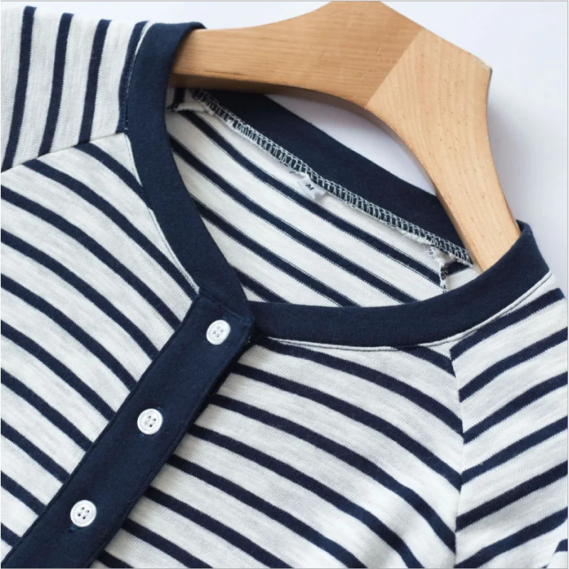 2024 Spring Female Casual Striped Nightgown Ladies Soft 100% Cotton sleepshirt Women Long Sleeve Round collar sleepwear dress