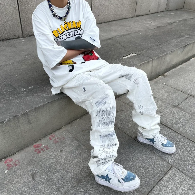 Mens High Street Denim Jean Pants New Casual Loose Ripped Holes Straight Zipper White Jeans Trousers Hip Hop Streetwear Joggers