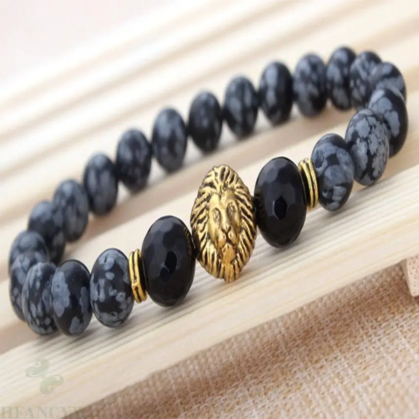 8mm Black Alabaster lion head bracelet Handmade Buddhism Healing 7.5inches Wrist Meditation mala pray Sutra Lucky men Prayer