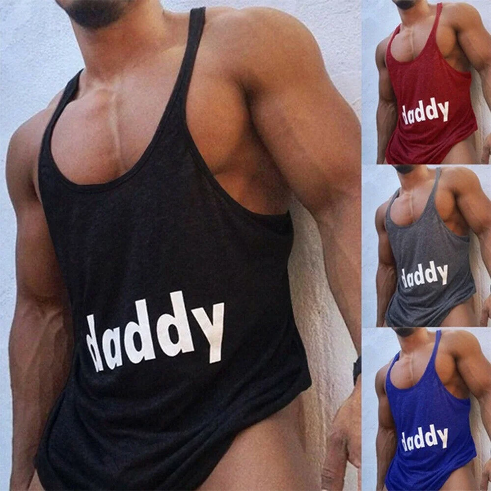 Men's Gym Workout Bodybuilding Tank Tops Cotton Y Back Fitness Print Singlet Tee