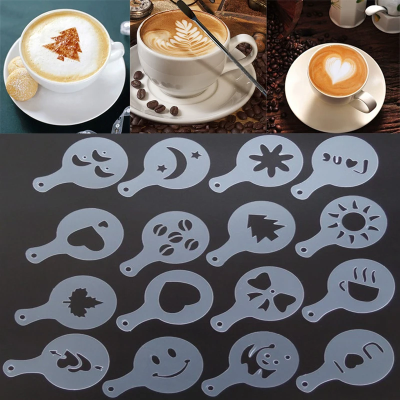 16Pcs Mold Coffee Milk Cake Cupcake Stencil Template Coffee Barista Cappuccino Template Strew Pad Duster Spray Tools