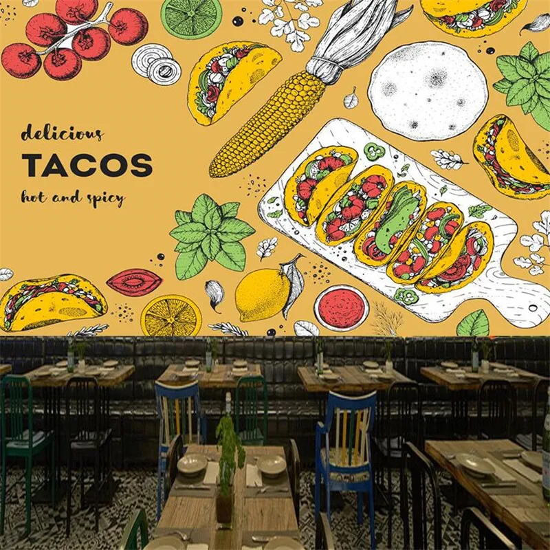 Custom Mexican Classic Cuisine Tacos Background Mural Wallpaper 3D Fast Food Restaurant Snack Bar Industrial Decor Wall Paper 3D