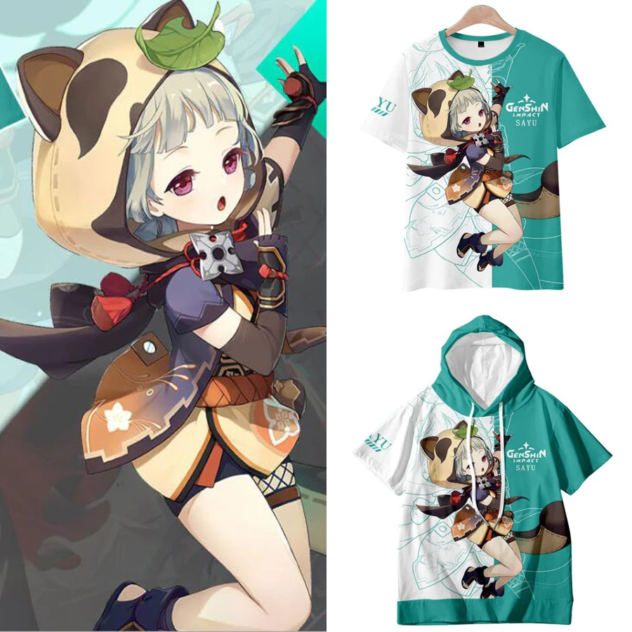 Genshin wpływ T Shirt gorąca gra 3D druku ponadgabarytowych z krótkim rękawem koszulka z motywem Anime kobiety mężczyźni Kawaii koszulki z nadrukami Sayu przebranie na karnawał