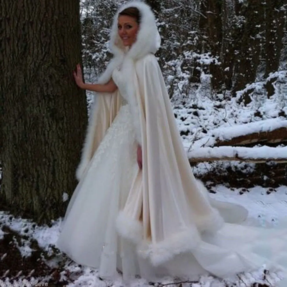 Fashion bride winter wedding cloak cloak with hooded fur trim long bridal warm jacket