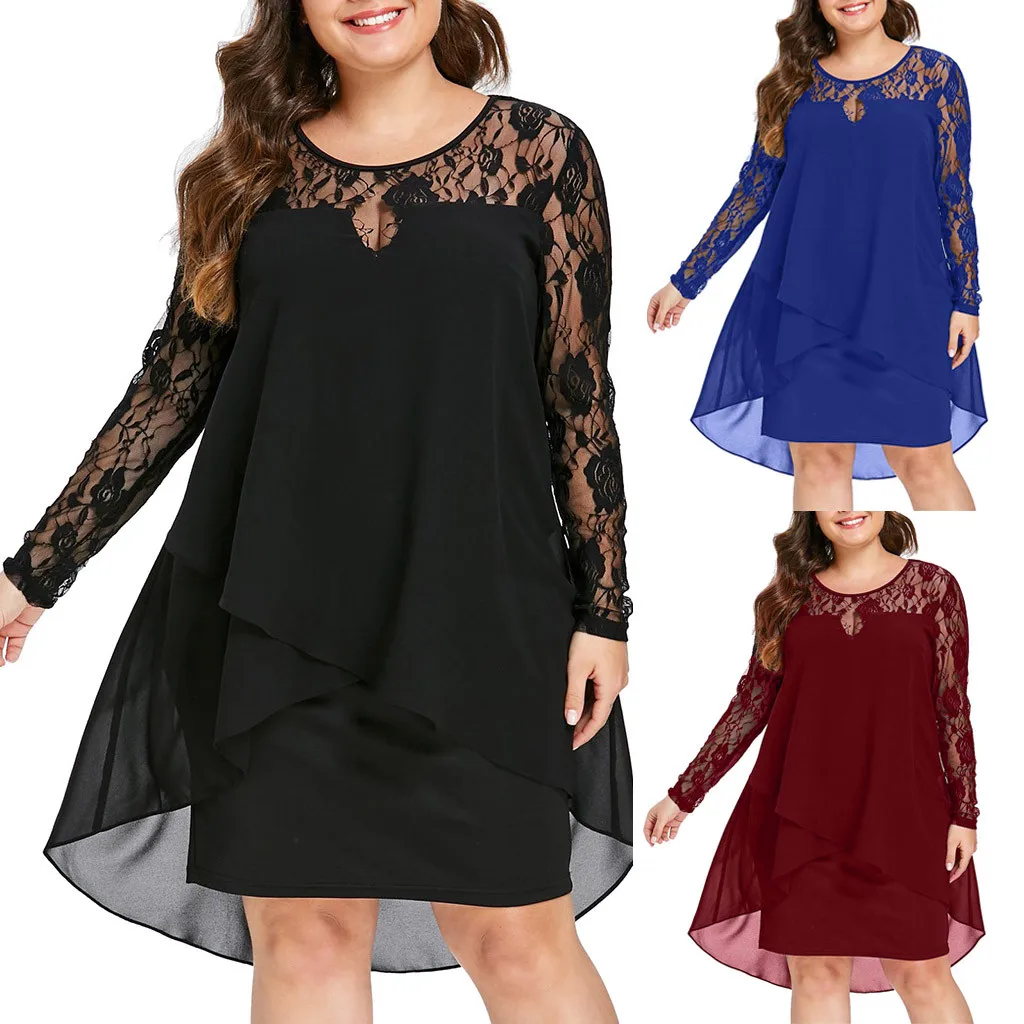 Vrouwen Plus Size Jurk Sheer Lace Patchwork Lange Mouwen Hoge Lage Zoom O-hals Swing Jurk Casual Elegant Party Jurken Vestidos