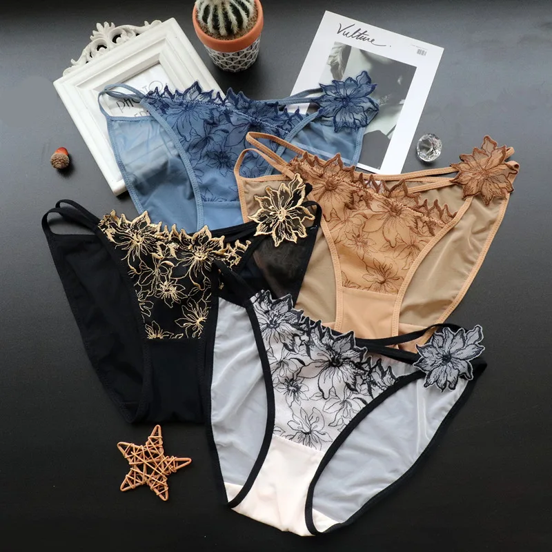 Cross Hollow Out Belt Lady thong Embroidered Lace Women's Underwear  Transparent Mesh Panties Wrap Buttocks Female Briefs image 5
