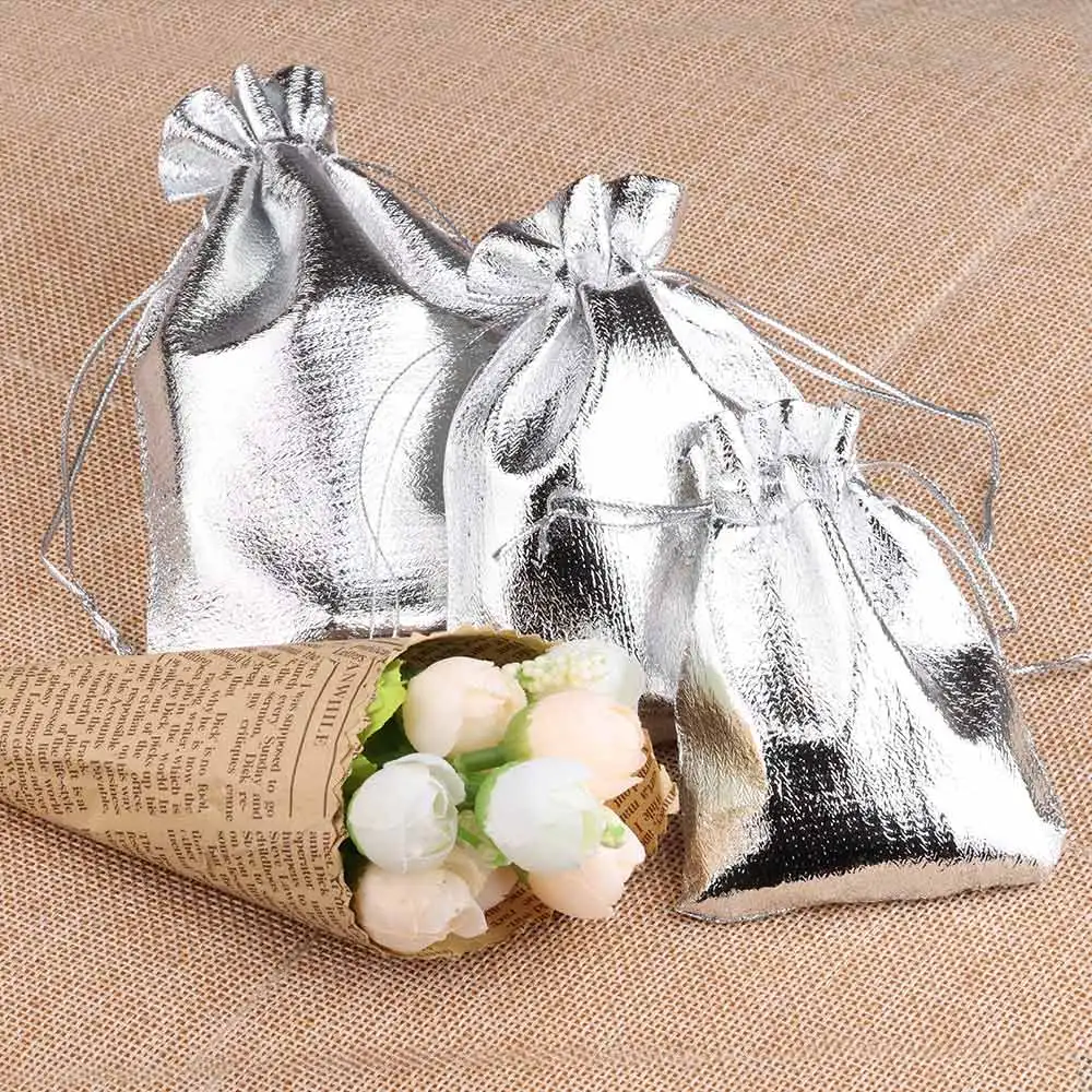 25/50pcs/lot 7x9 9x12 10x15cm Gift Bag Gold Color Foil Jewelry Bag Drawstring Pouches Christmas Party Wedding Gift Candy Bags