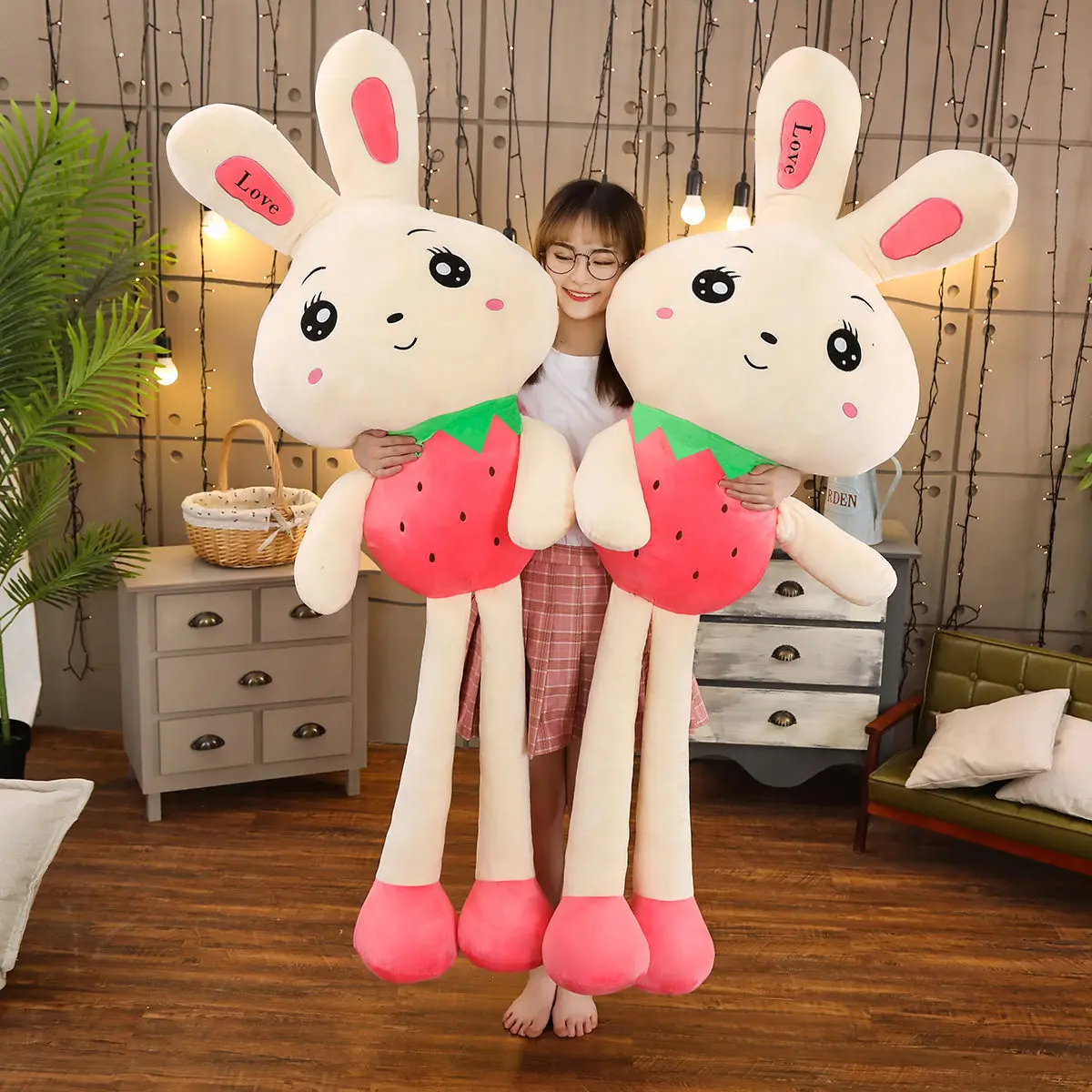 

One Piece Pink Fruit Strawberry Rabbit Plush Toy Cute Bunny Doll Stuffed Cushion Rabbit Toys Sleeping Pillows Girlfriend Gifts