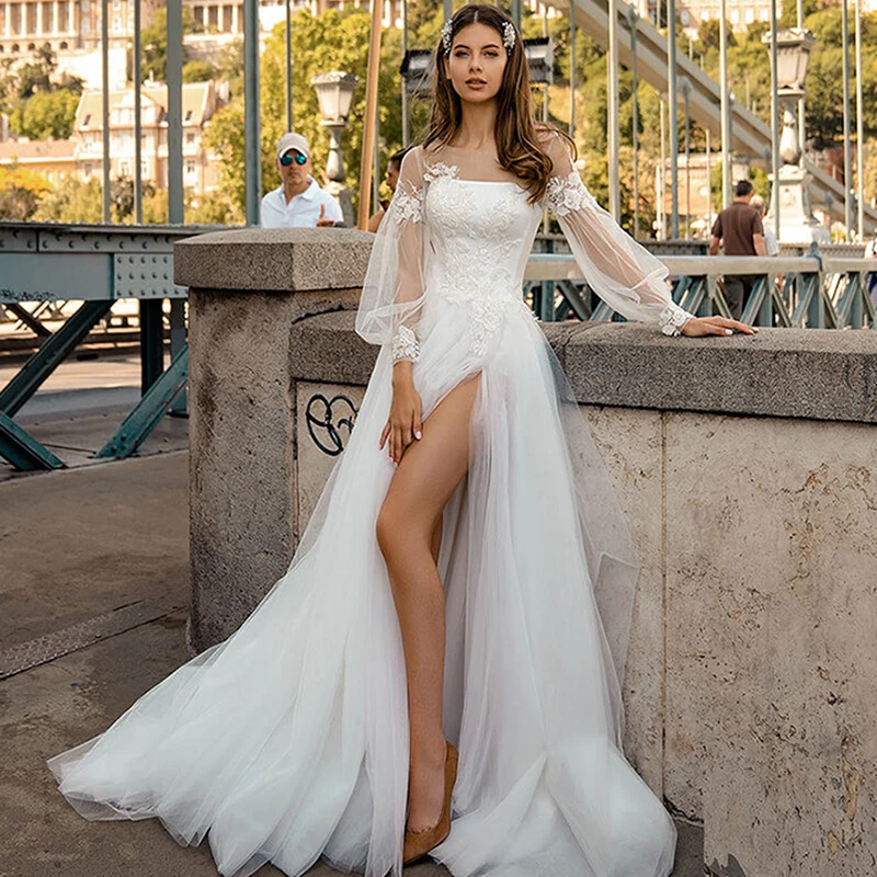 Sirene Wedding Dress for Bride Puff Sleeves Scoop Neck Tulle Lace Appliques High Slit A Line Bridal Wedding Princess Elegant