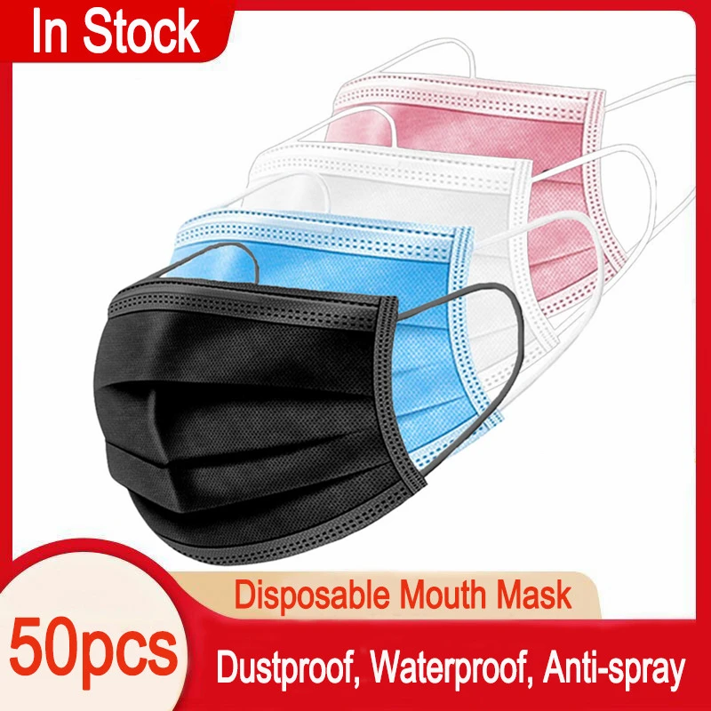 

Colorful Mouth Mask 10/50/100PCS Disposable Face Mask Dust Proof Adult Protective Black Pink White Masks 3 Ply Breathable Masque