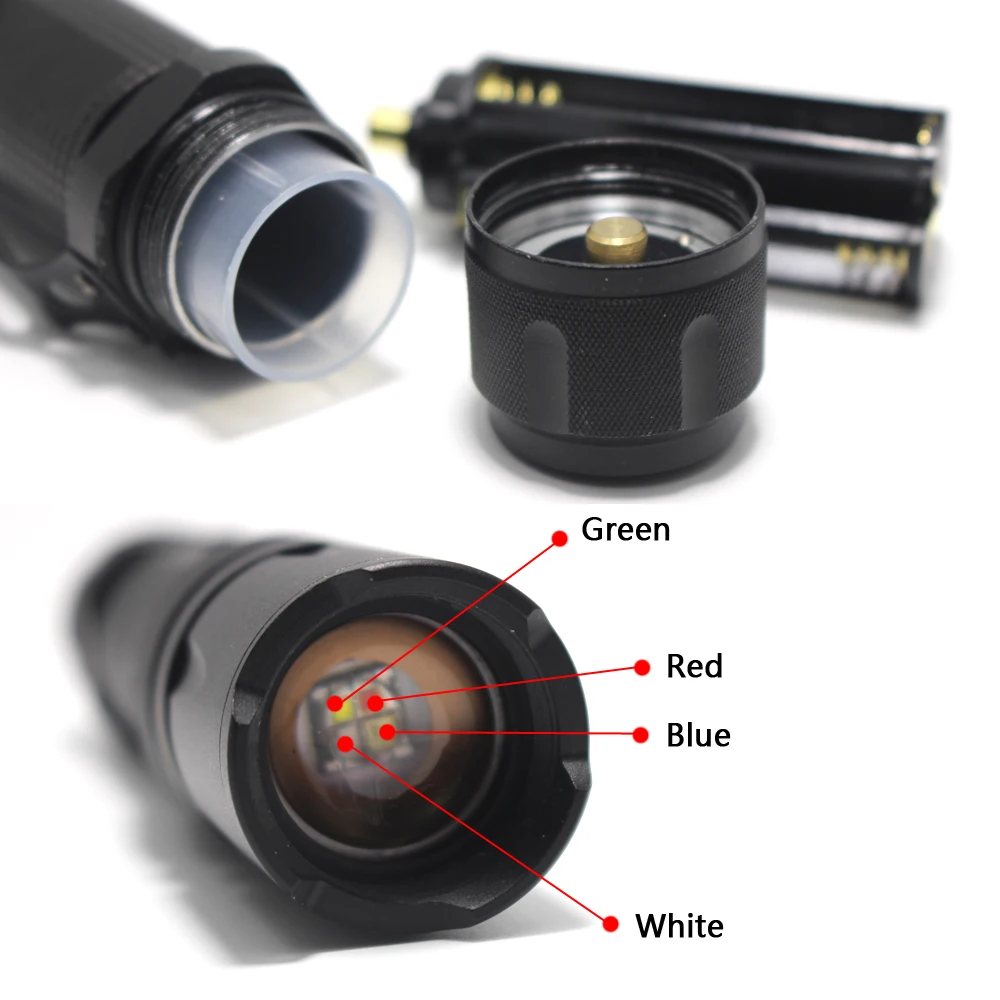 Concert Zoom LED Flashlight Multifunctional Tactical Torch Red Green Blue White 4 Color in 1 Hunting Fishing Lamp flash 18650