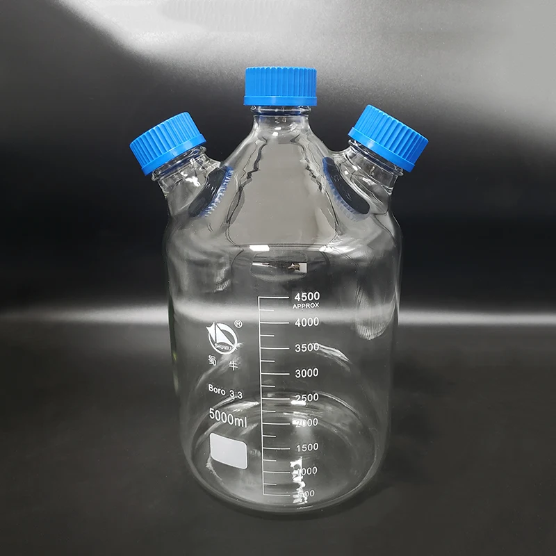 

Reagent bottle,With 3 blue screw covers,Borosilicate glass 3.3,Capacity 5000ml,Graduation Sample Vials Plastic Lid with 3 necks