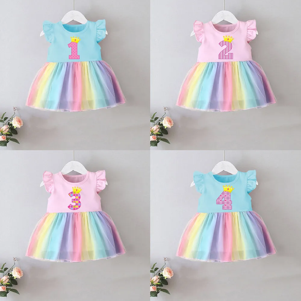 

Xmas Baby Girls Birthday Outfits Dresses for 1 2 3 4 Birthday Party Rainbow Dress Christening Tutu Dress Drop Shipping