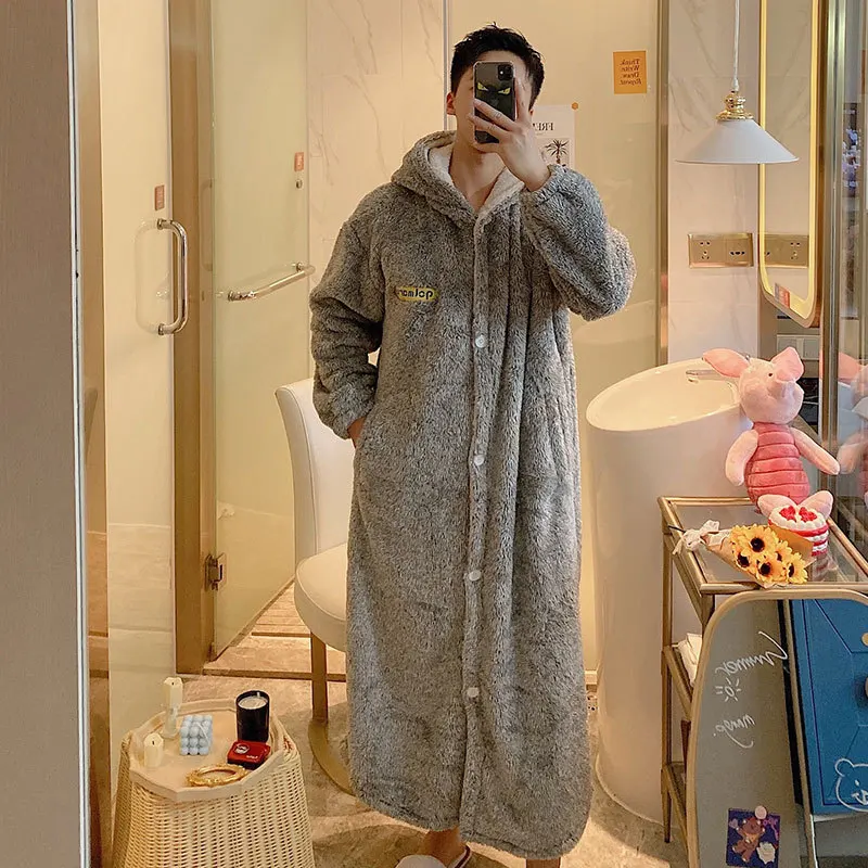 New Autumn Winter Men Nightgown Flannel Thick Hooded Sleep Robe Coral Velvet Comfortable Home Clothes Male Lounge Bathrobe Gown