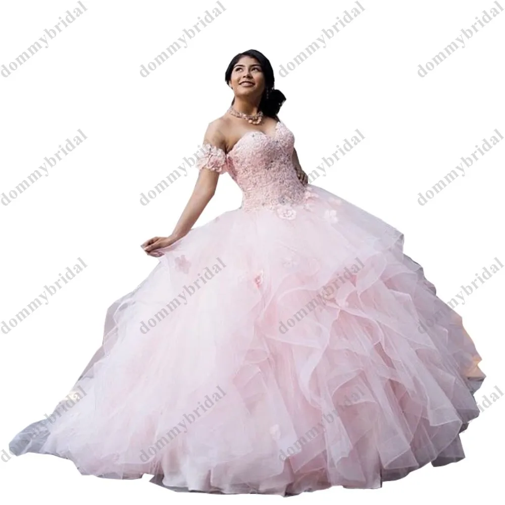 2021 جميل أحمر الخدود الوردي انفصال الأكمام الكرة ثوب رخيصة Quinceanera حفلة موسيقية فستان مكشكش تول ثلاثية الأبعاد الزهور التخرج