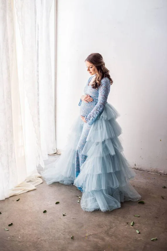 Imagem -02 - Saia de Tule Azul para Mulheres Longas Oversaias Alta Baixa em Camadas de Tule para a Sessão de Fotos da Mulher Grávida Feito sob Encomenda