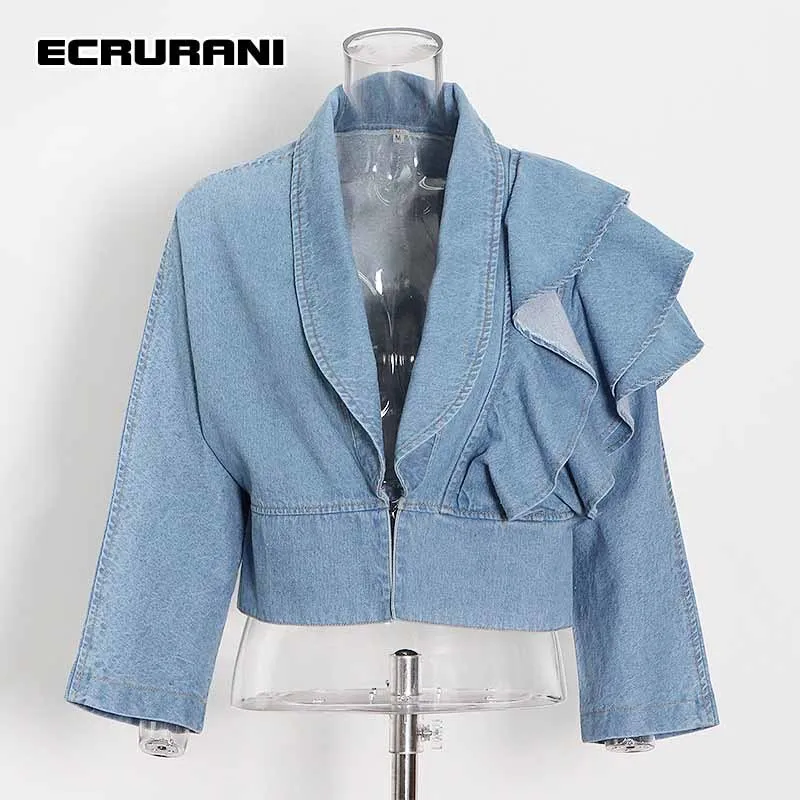 ECRURANI Blue Patchwork Casual Shirt For Women Lapel Collar Long Sleeve High Waist Blouses Female Summer Clothing 2022 New Style