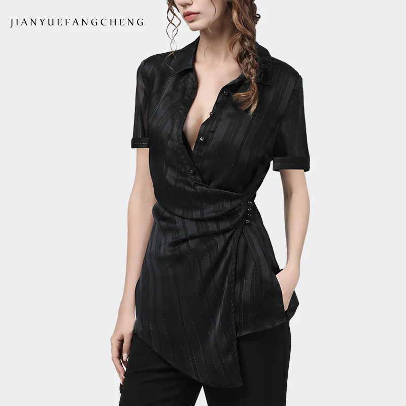 Women Short Sleeve Blue Striped Shirt Lightweight Chiffon Top Fashion Asymmetrical Button-down Casual Office Blouses