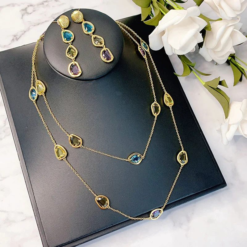 84cm/45cm Long And Short Size Sweater Chain Necklace Candy Style Fancy Original Crystal Necklace For Women Fashion Jewelry