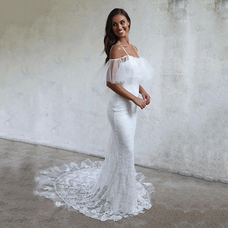 Boho branco sereia vestidos de casamento sexy cintas espaguete sem costas boêmio rendas vestidos de noiva longo trem vintage vestido de noite