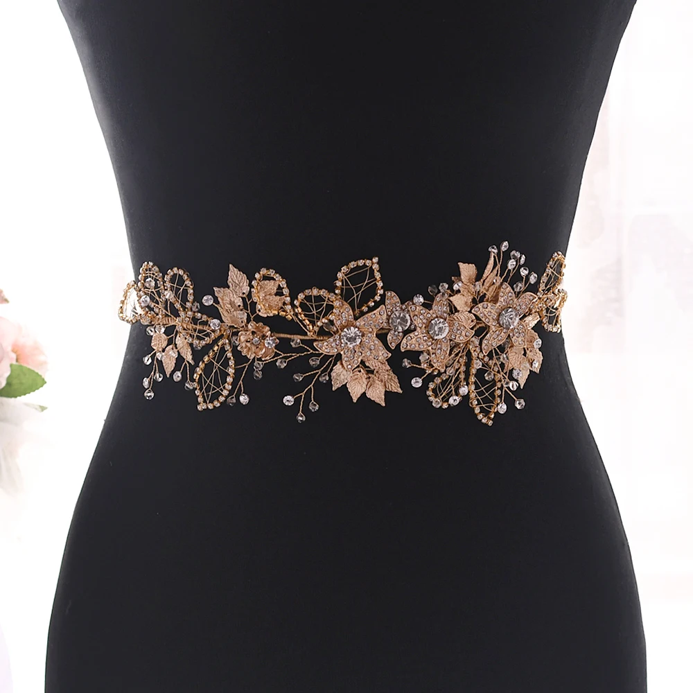 Golden Alloy Flower Sjerpen Bruiloft Riemen Bruids Sjerp Strass Riem Slanke Diamant Riemen Voor Vrouwen Kristal Vrouwelijke Riem Voor Jurk