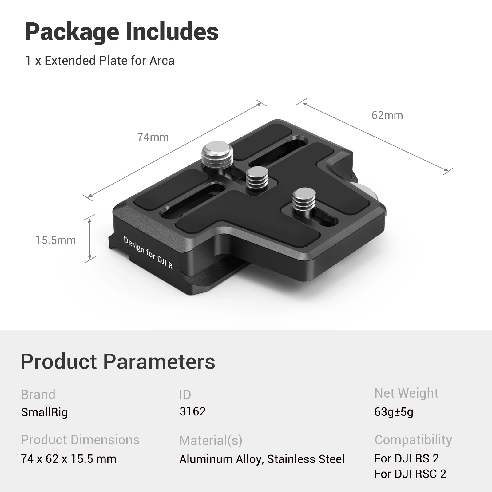 SmallRig Extended Arca-Type Quick Release Plate for DJI RS 2 and RSC 2 Gimbal for RS 2 /  RSC 2 / RS 3 / RS 3 Pro 3162/2851