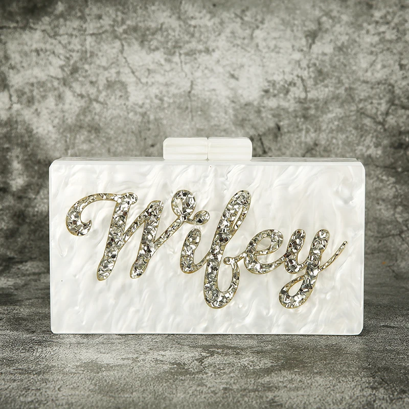 Customized Letter Name Wifey Pearl White With Gold Glitter silver glitter acrylic box clutches women party Lady purse wallet