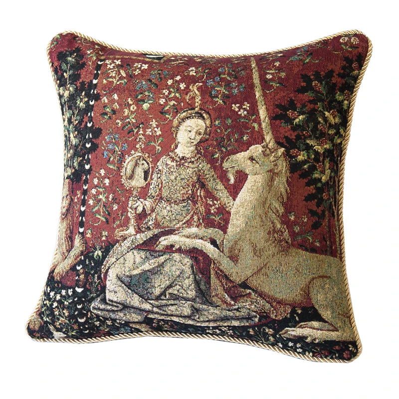 Medieval Tapestry Pillow Cushion Cover Lady & Unicorn - Sight, Jacquard Weave Decoration Cotton 100% Double Sided Size 45x45cm