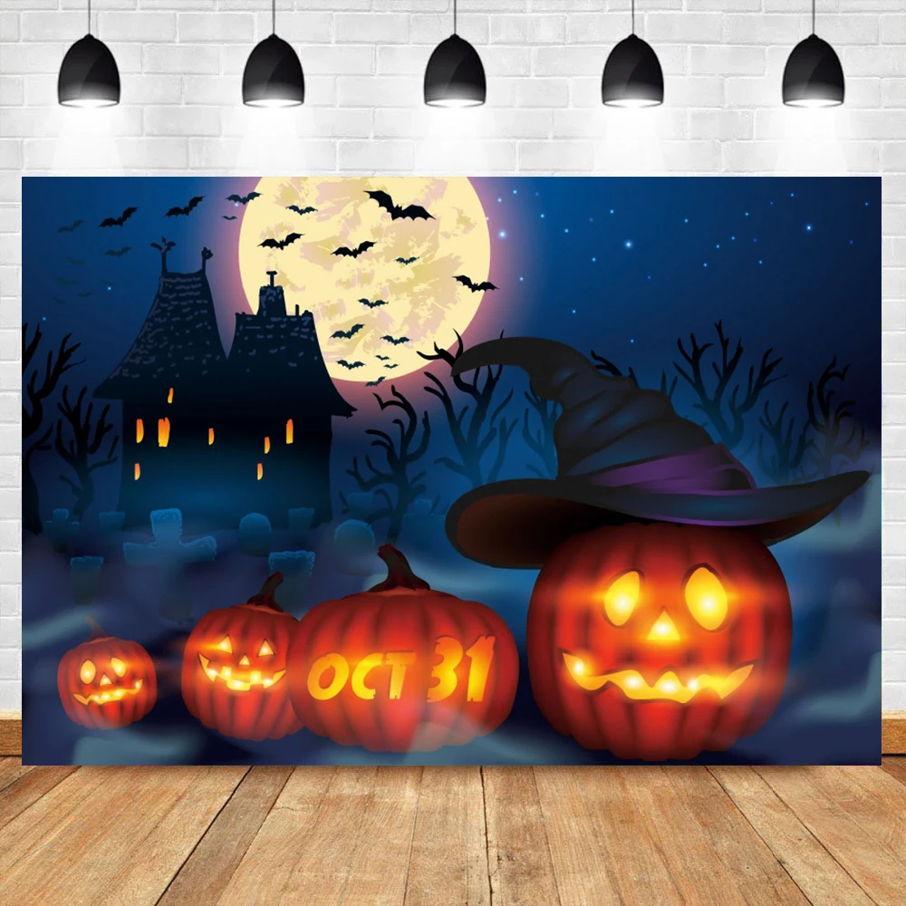 Photo Backdrop Halloween Glitter Pumpkin Dark Castle Full Moon Scene Child Treat Or Trick Party Photography Background Photocall