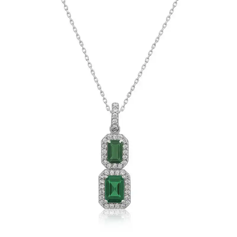 Silver Green Baget Cubic Zirconia Women Necklace Zircon Stone 925 Sterling Women Fine Jewelry Wedding Party Birthday Gift - Box - Pendant - Chain Choker - Female - Ladies - Fashion