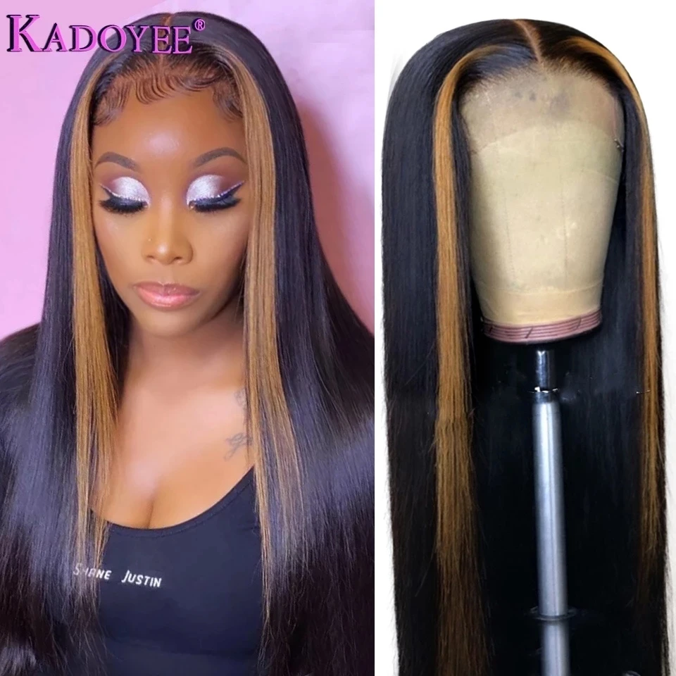 

1B/27 Highlight T Part Lace Wig Straight Human Hair Wig 13X1 Hairline Brazilian Remy Natural Black With Blond Wig Baby Hair 150%