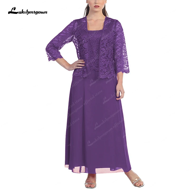 Abiti bordeaux per la madre della sposa con giacca lunghezza alla caviglia in Chiffon di pizzo Plus Size abito da sposa abito da sera viola